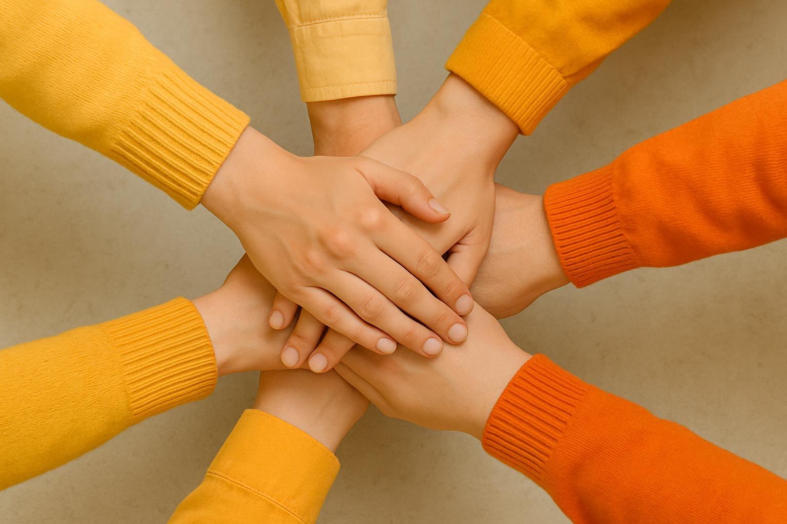Zu sehen sind Hände, die sich aufeinander legen, um Zusammenhalt zu symbolisieren. Man sieht die Ärmel der getragenen Kleidung in unterschiedlichen Orangetönen.